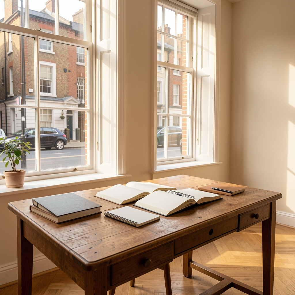 Bright editorial workspace with a large wooden desk, open books, and a cup of tea beside a notebook, warm afternoon light through tall windows