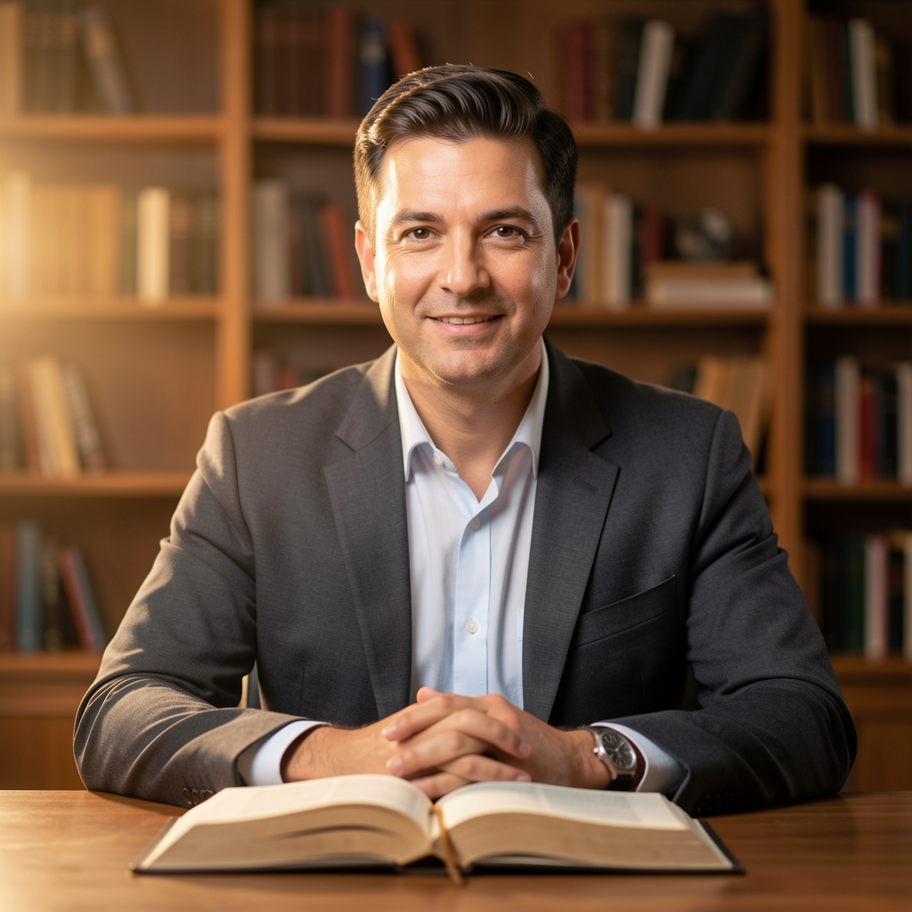 Portrait of a man seated at a desk with an open book, warm studio light from the left, bookshelves visible in the background