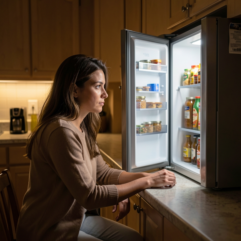 Woman sitting alone at a kitchen counter late at night, staring at an open refrigerator in a softly lit room, contemplative expression