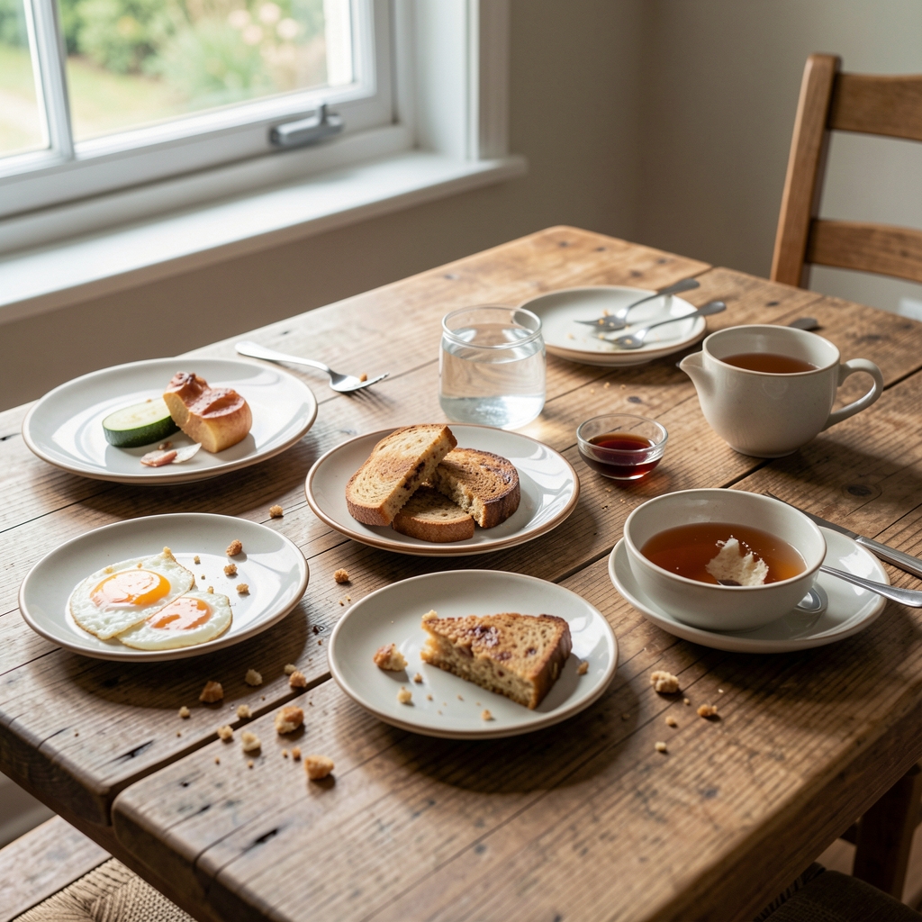 Weekend breakfast table set with multiple small plates, natural window light, scattered crumbs and a half-empty cup of tea suggesting extended unhurried eating