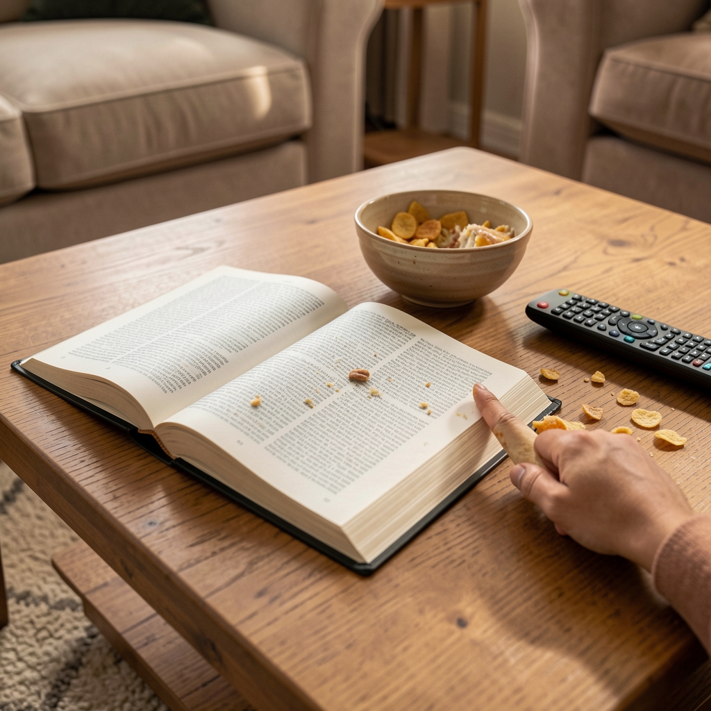 Close view of a coffee table with an open book face-down, a half-eaten snack bowl, and a remote control, suggesting extended afternoon relaxation with distracted eating