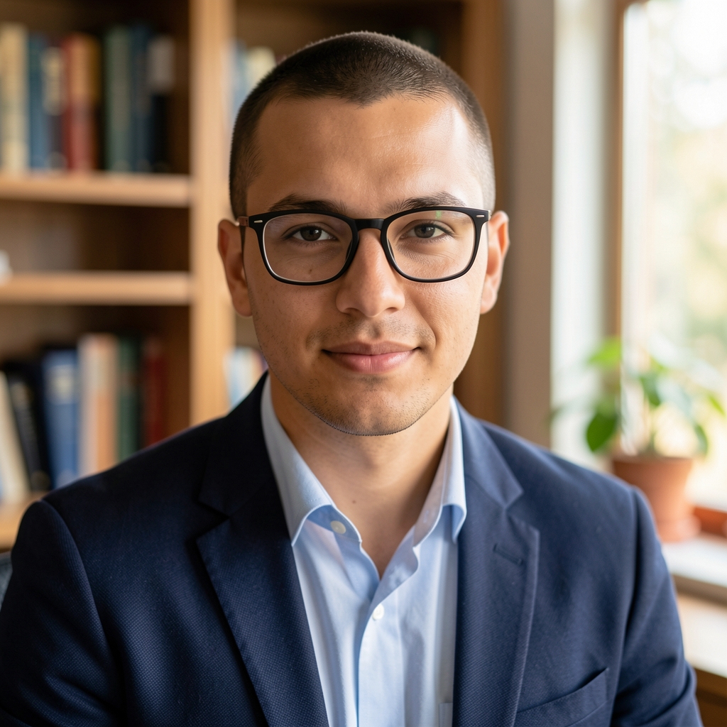 Editorial portrait of Tobias Marsden, man with close-cropped hair and glasses, in a well-lit writing room with a bookshelf visible behind him